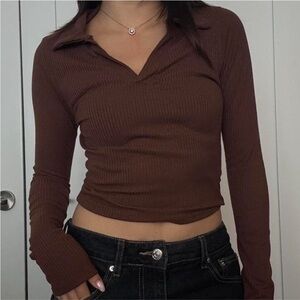 Caution To The Wind Brown Ribbed Long Sleeve Top